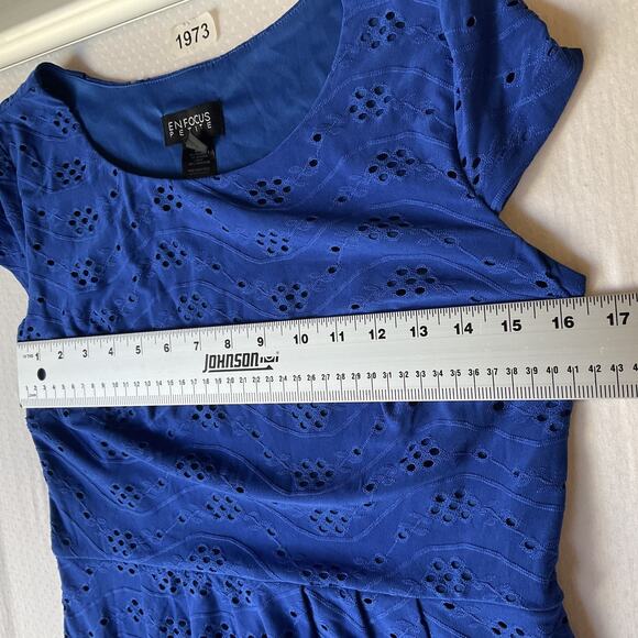 Enfocus Petite Women Dress 10P Blue Geometric Fit & Flare Short Sleeve Stretch - Picture 5 of 9